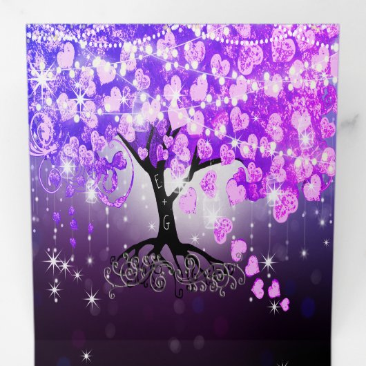 Elegant Paars-roze hartrecht met drievlak Drieluik Uitnodiging (Binnenzijde eerst)