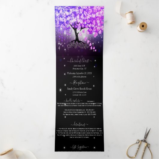 Elegant Paars-roze hartrecht met drievlak Drieluik Uitnodiging (Binnen)