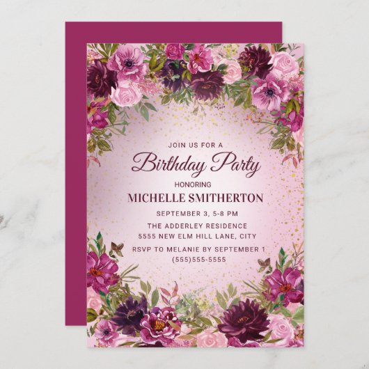 Elegant  Paars roze Rozen Glitter Kaart (Voorkant / Achterkant)