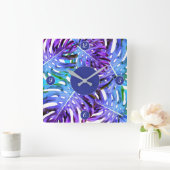 Elegant Paars Roze Tropisch Blafpatroon Vierkante Klok (Huis)