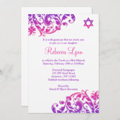 Elegant Paars roze Vlaams Bat Mitzvah Kaart (Voorkant / Achterkant)