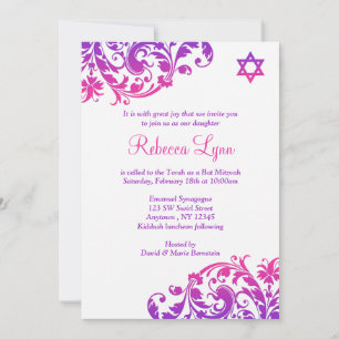 Elegant Paars roze Vlaams Bat Mitzvah Kaart