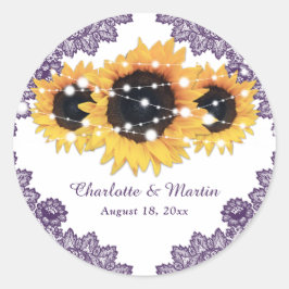 Elegant Paars Rustic Chic Sunflower Wedding Ronde Sticker