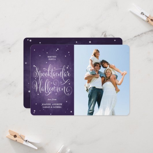 Elegant Paars Script Halloween-fotokaart Kaart (Voorkant / Achterkant in situ)