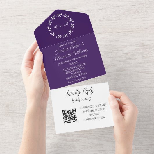 Elegant Paars Script Unieke Moderne RSVP QR-code All In One Uitnodiging (Afscheurbaar)