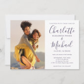 Elegant Paars Signature Script Photo Weddenschap Kaart (Voorkant)