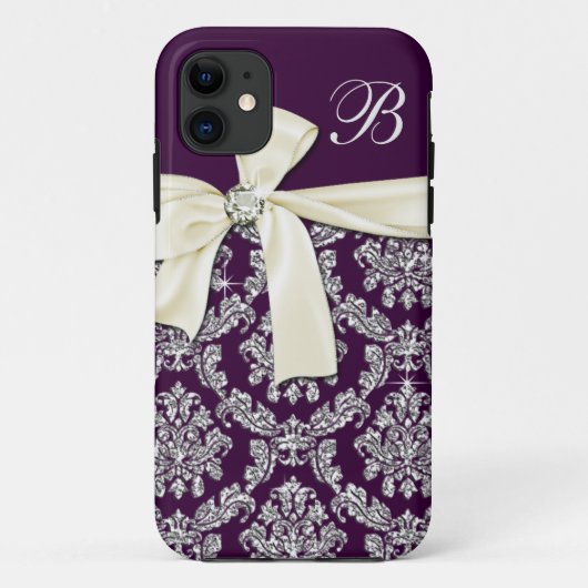Elegant Paars Silver Damask Diamond Bow Monogram Case-Mate iPhone Case (Achterkant)
