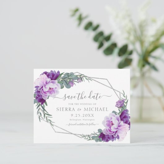 Elegant Paars Silver Floral bewaar de datum van he (Staand voorkant)