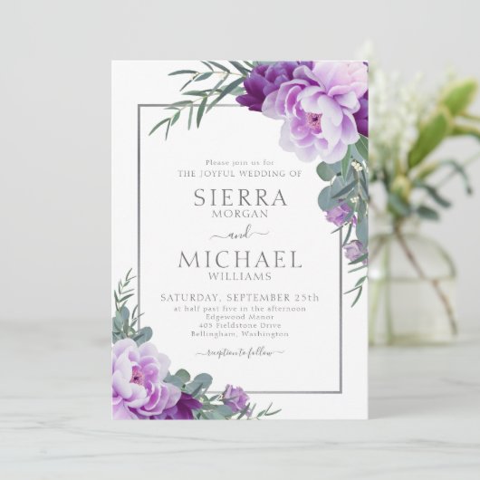 Elegant Paars & Silver Floral Eucalyptus Wedding Kaart (Staand voorkant)
