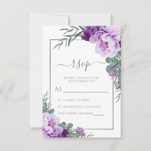 Elegant Paars & Silver Floral Eucalyptus Wedding RSVP Kaartje (Voorkant)