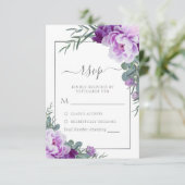 Elegant Paars & Silver Floral Eucalyptus Wedding RSVP Kaartje (Staand voorkant)