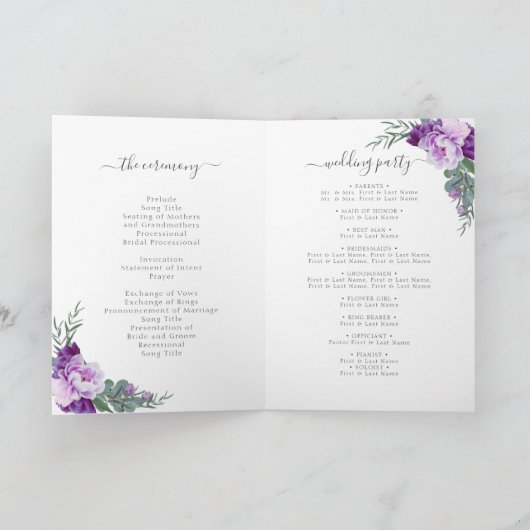 Elegant Paars & Silver Floral Folded Wedding Programma (Binnen)
