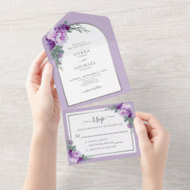 Elegant Paars Silver Floral Foliage Wedding Arch All In One Uitnodiging