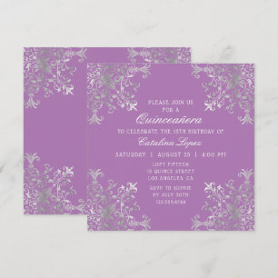 Elegant Paars Silver  Floral Quinceañera Kaart