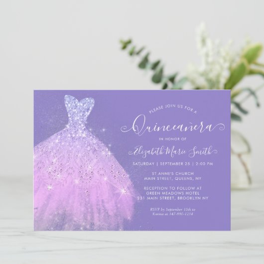 Elegant Paars Silver Glitter Dress Quinceanera Kaart (Staand voorkant)