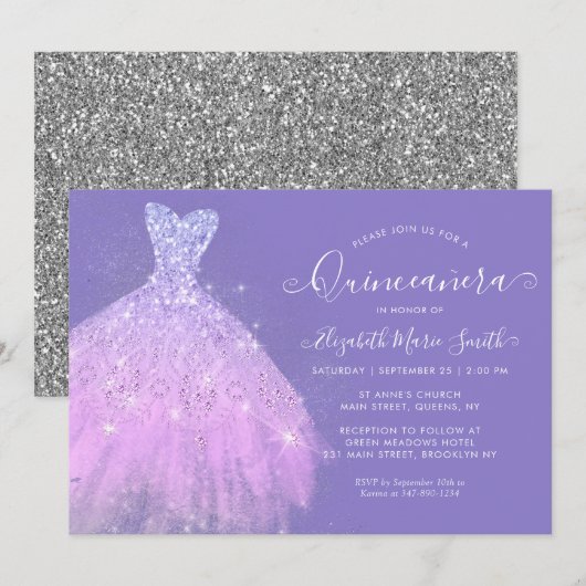 Elegant Paars Silver Glitter Dress Quinceanera Kaart (Voorkant / Achterkant)
