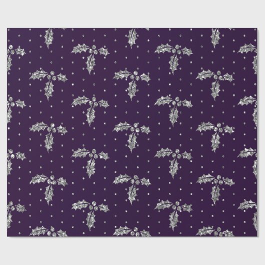 Elegant Paars & Silver Glitter Kerstmis Holly Cadeaupapier (Vlak)