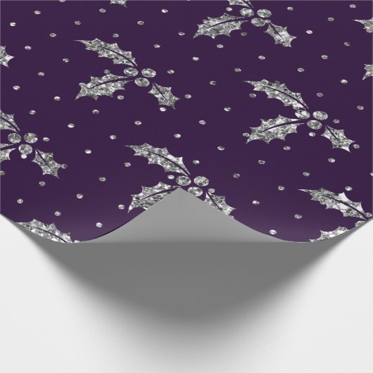 Elegant Paars & Silver Glitter Kerstmis Holly Cadeaupapier (Hoek)