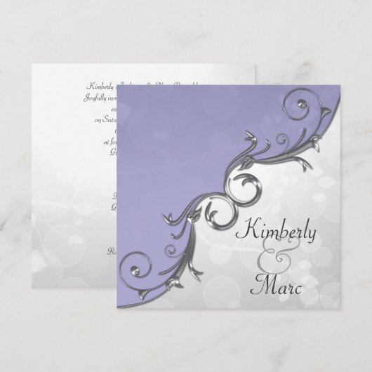 Elegant Paars Silver Leaf Overlay Wedding Invitat Kaart (Voorkant / Achterkant)