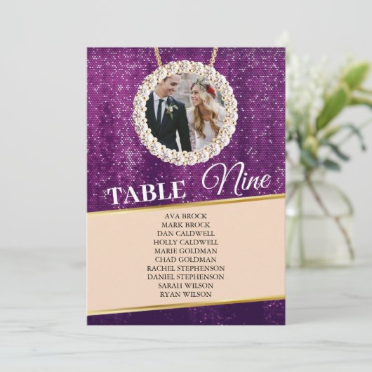 Elegant Paars Sparkly Photo Seating Chart Kaart (Staand voorkant)