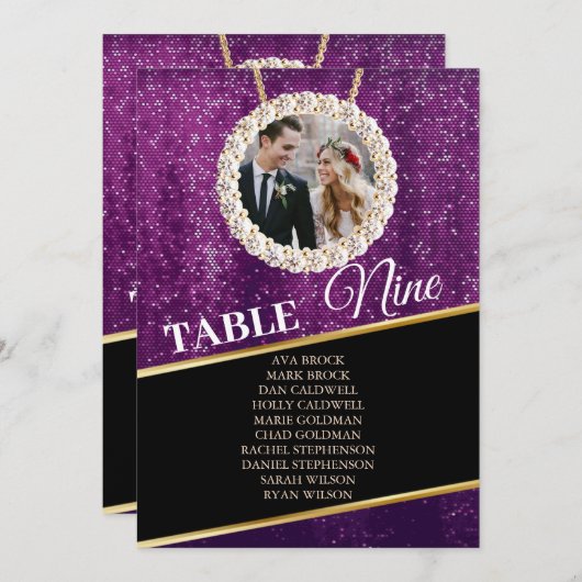 Elegant Paars Sparkly Photo Seating Chart Kaart (Voorkant / Achterkant)