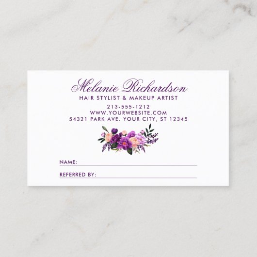 Elegant Paars Ultra Violet Floral Referral Visitekaartje (Achterkant)