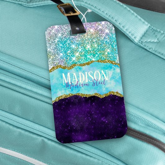 Elegant Paars unicorn faux glitter monogram Bagagelabel