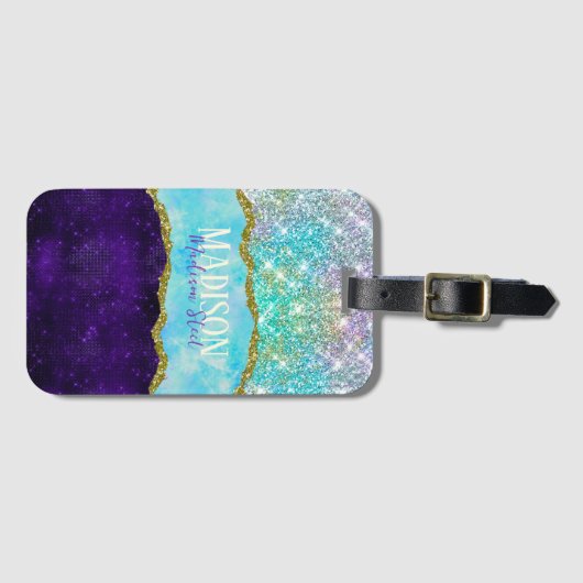 Elegant Paars unicorn faux glitter monogram Bagagelabel (Voorkant (horizontaal))