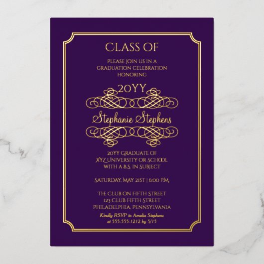 Elegant Paars University Graduation Party Gold Folie Uitnodiging (Voorkant)