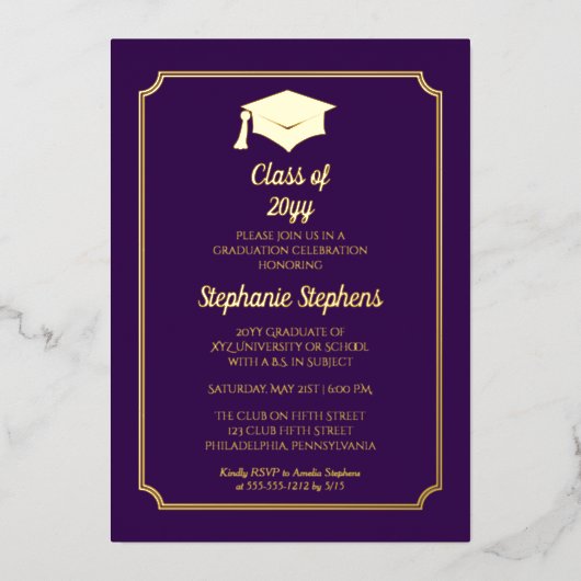 Elegant Paars University Graduation Party Gold Folie Uitnodiging (Voorkant)