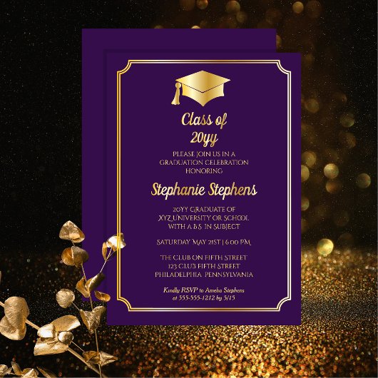 Elegant Paars University Graduation Party Gold Folie Uitnodiging
