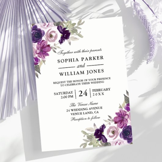 Elegant Paars Violet Floral Winter Wedding Kaart