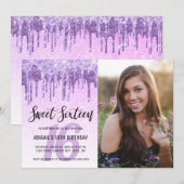 Elegant paars violet glitter druppelt zoet zestien kaart (Voorkant / Achterkant)