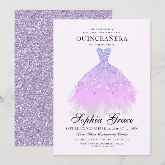 Elegant Paars Violet Glitter Quinceañera Kaart (Voorkant / Achterkant)