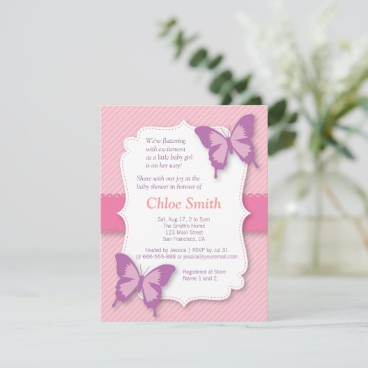 Elegant Paars vlinder baby shower Kaart (Staand voorkant)