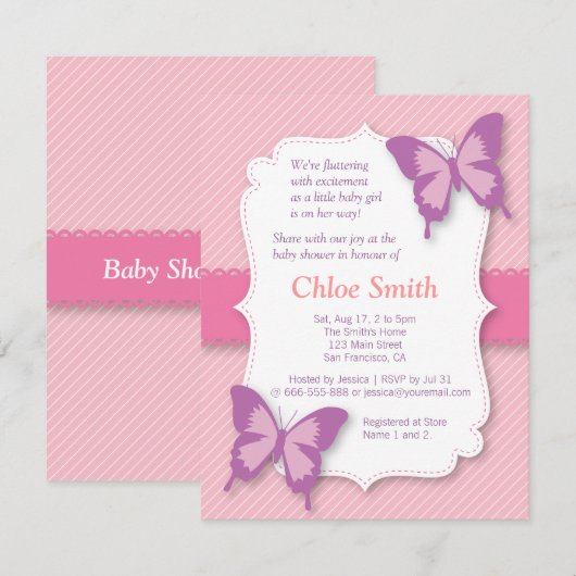 Elegant Paars vlinder baby shower Kaart (Voorkant / Achterkant)