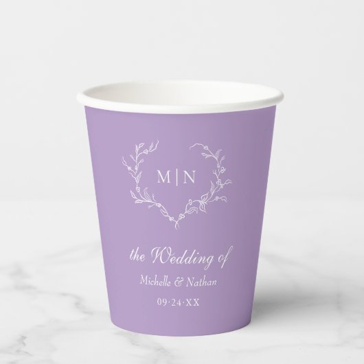 Elegant Paars Wedding Monogram Wreator Papieren Bekers (Voorkant)