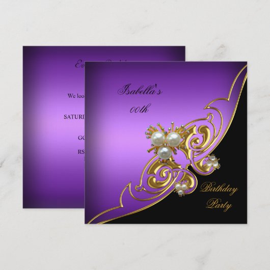 Elegant Paars White Black Gold Pearl Birthday Kaart (Voorkant / Achterkant)
