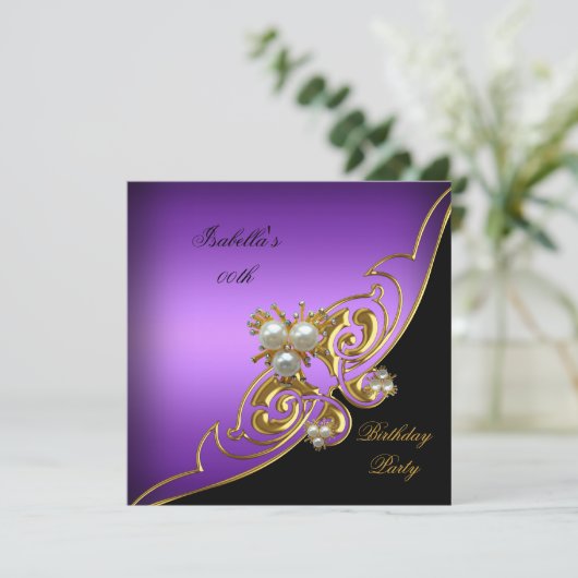 Elegant Paars White Black Gold Pearl Birthday Kaart (Staand voorkant)