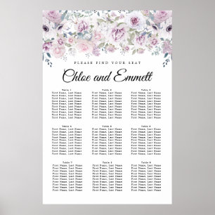Elegant Paars White Floral 9-Table Seating Chart Poster