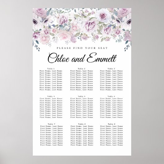 Elegant Paars White Floral 9-Table Seating Chart Poster (Voorkant)
