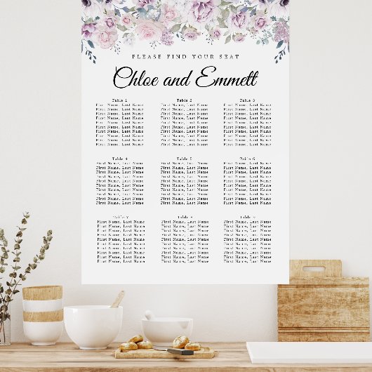 Elegant Paars White Floral 9-Table Seating Chart Poster (Keuken)