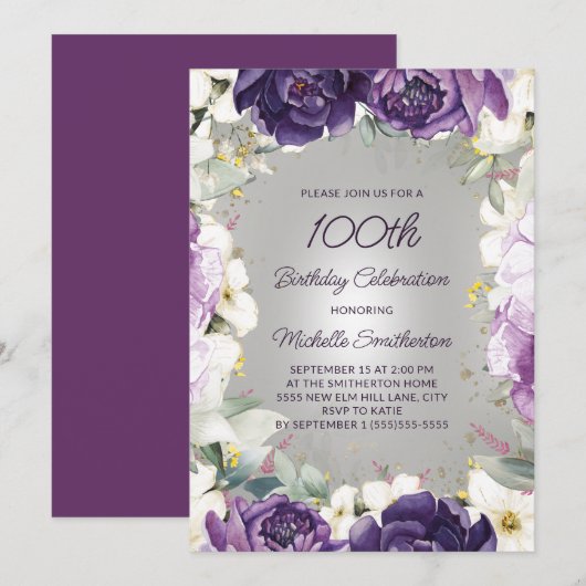 Elegant Paars White Floral Glitter 100th Birthday Kaart (Voorkant / Achterkant)