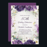 Elegant Paars White Floral Glitter 50th Birthday Kaart<br><div class="desc">Elegant 50e verjaardagsfeest voor vrouwen met  witte en paarse handbeschilderde bloemen en groenblad met gouden glitter. Speciaal met een naam en al je partijgegevens. Neem contact met me op voor hulp bij je aanpassingen of om extra Zazzle-producten aan te vragen voor je partij.</div>
