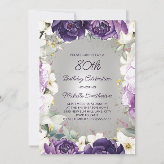 Elegant Paars White Floral Glitter 80th Birthday Kaart (Voorkant)