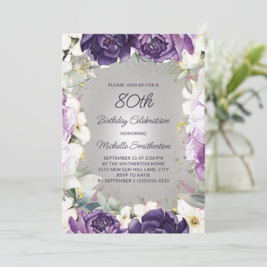 Elegant Paars White Floral Glitter 80th Birthday Kaart (Staand voorkant)