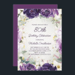 Elegant Paars White Floral Glitter 80th Birthday Kaart<br><div class="desc">Elegant 80e verjaardagsfeest uitnodiging voor vrouwen met  witte en paarse handbeschilderde bloemen en groene sage bladeren die zijn voorzien van gouden glitter. Speciaal met een naam en al je partijgegevens. Neem contact met me op voor hulp bij je aanpassingen of om extra Zazzle-producten aan te vragen voor je partij.</div>