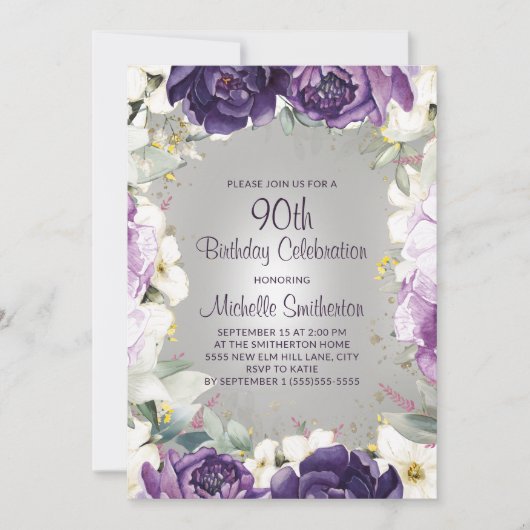 Elegant Paars White Floral Glitter 90th Birthday Kaart (Voorkant)