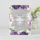 Elegant Paars White Floral Glitter 90th Birthday Kaart (Staand voorkant)
