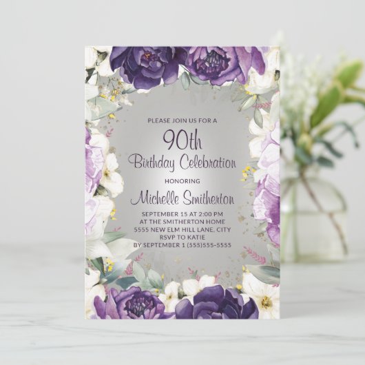 Elegant Paars White Floral Glitter 90th Birthday Kaart (Staand voorkant)